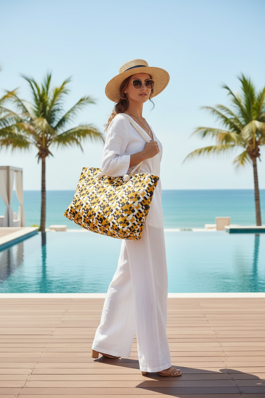 Geometric Mustard Check Weekender Bag — Large Patterned Travel Tote