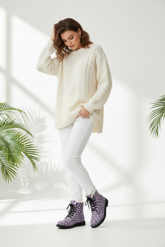 Purple Floral Fur-Lined Leather Boots — Women's Cozy Winter Lace-Up Boots