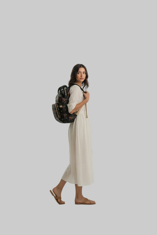Floral Black Multifunctional Diaper Backpack — Large Travel Nappy Bag with Changing Mat