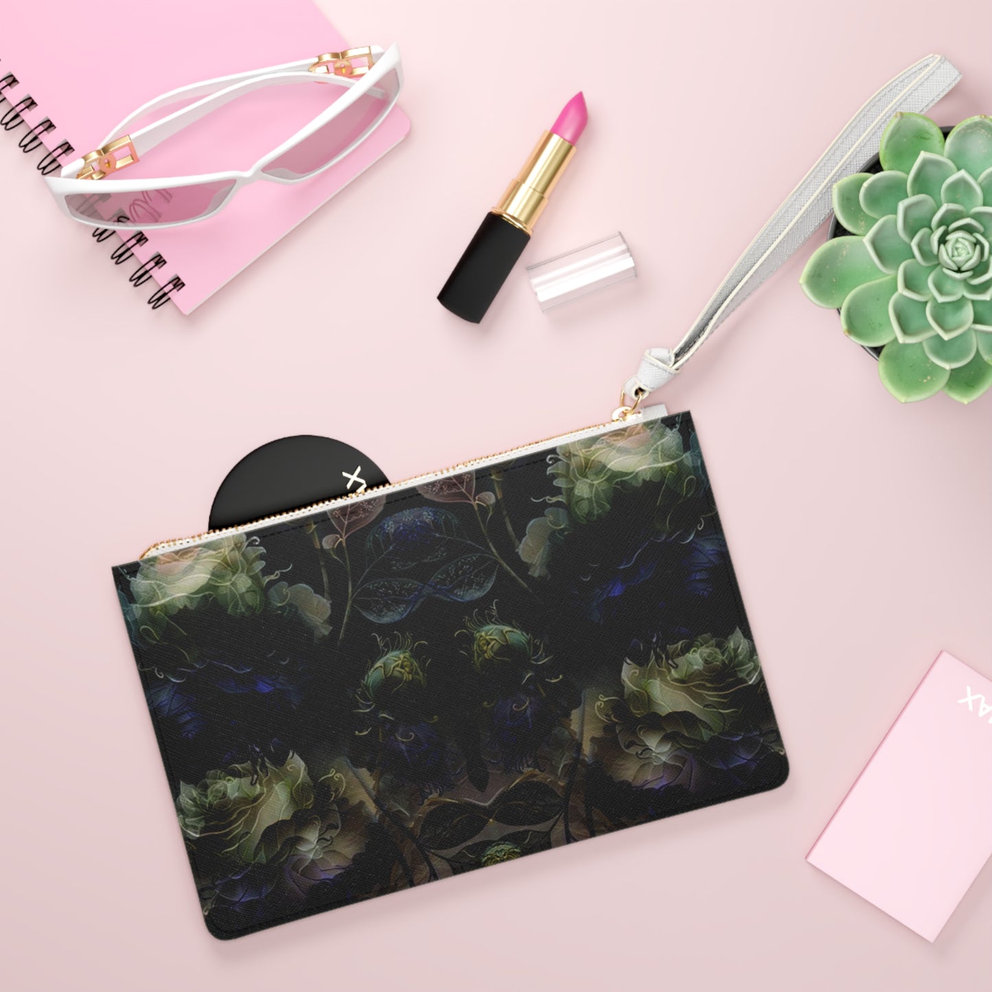 Dark Floral Clutch — Moody Symmetrical Rose Wristlet