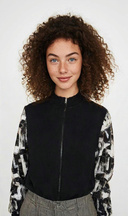 Abstract Patterned Bomber Jacket: Black & White Sleeve Design