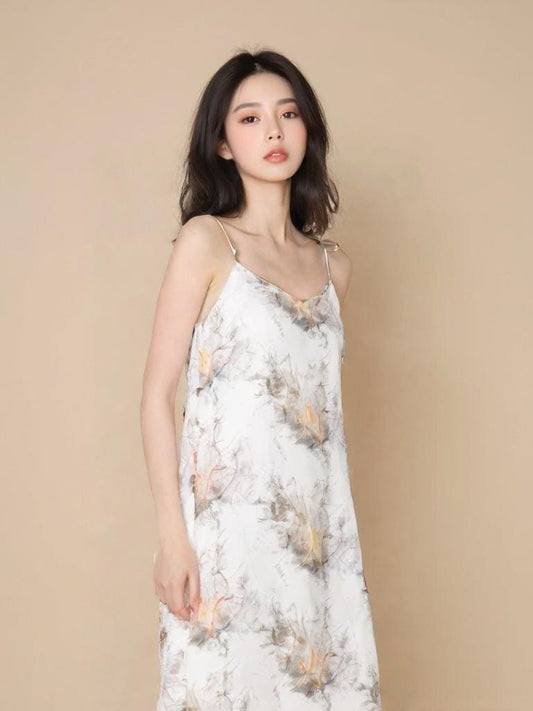 Floral Chiffon Slip Dress: Adjustable Tie Straps, Built-In Bra