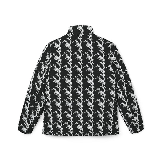 Black and White Lightning Stripe Puffer Jacket | All-Over Print