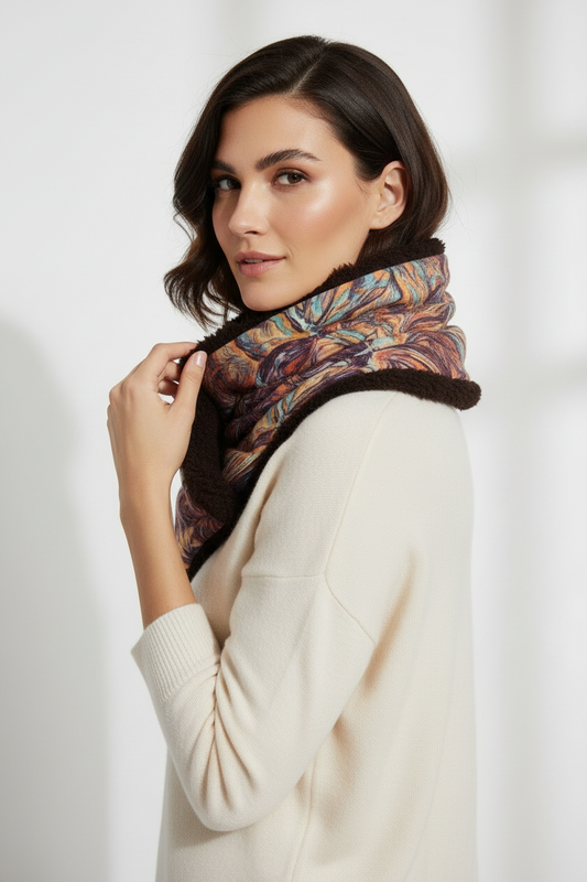 abstract golden yellow winters scarf, elegant soft velvet scarf or snood. unisex gift for Christmas. luxurious velvet snood scarf