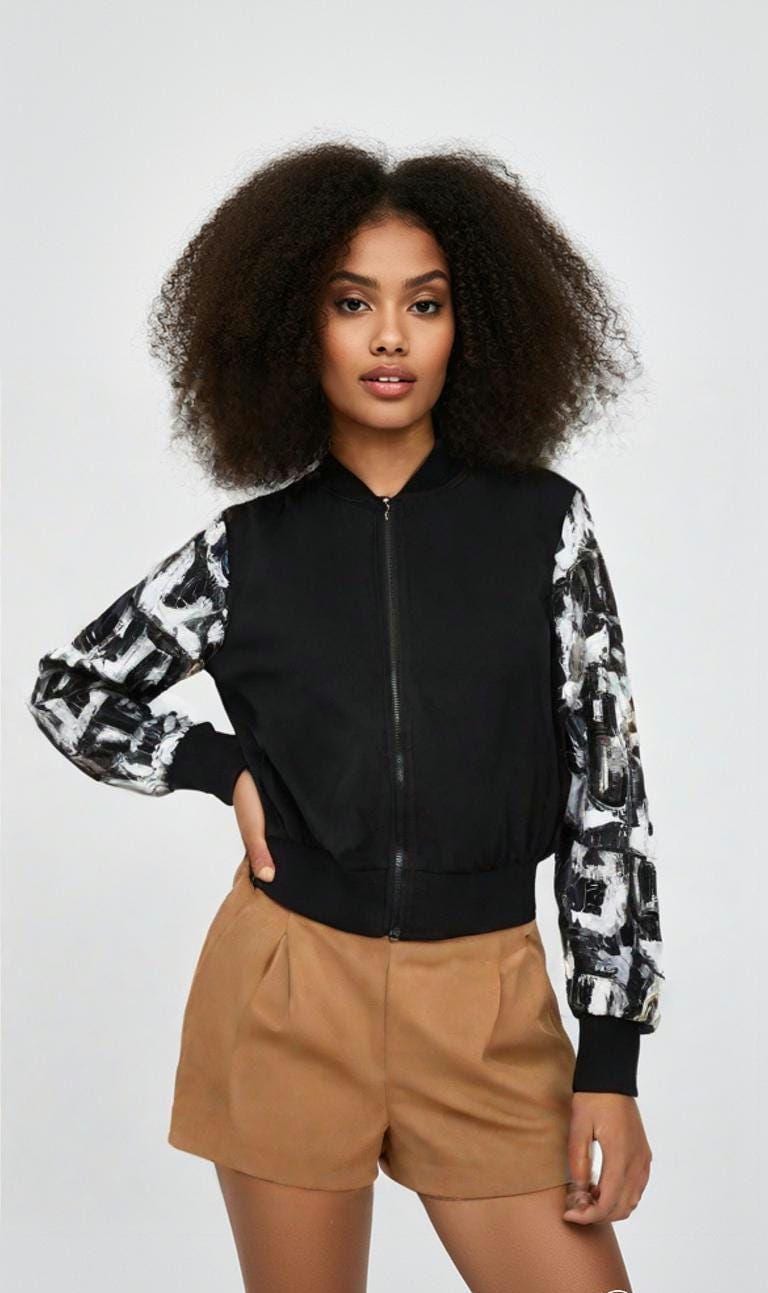 Abstract Patterned Bomber Jacket: Black & White Sleeve Design