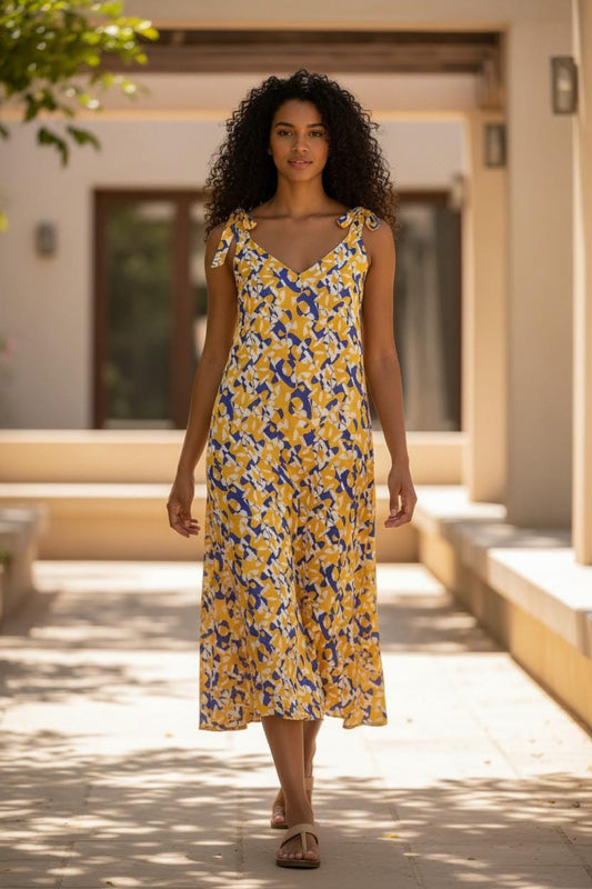 Tie-Strap Sunset Bloom Holiday Slip Midi Dress