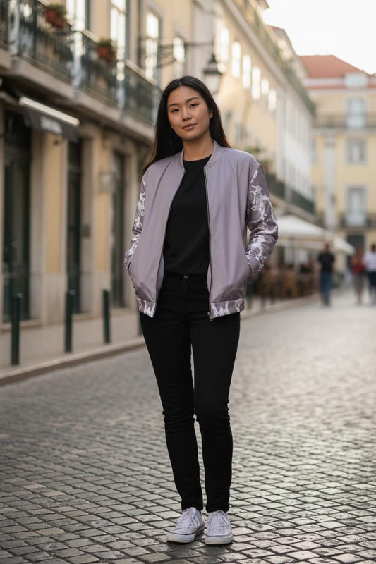 Handmade Pale Silver Pink Bomber Jacket: Stylish Women's Patterned Jacket