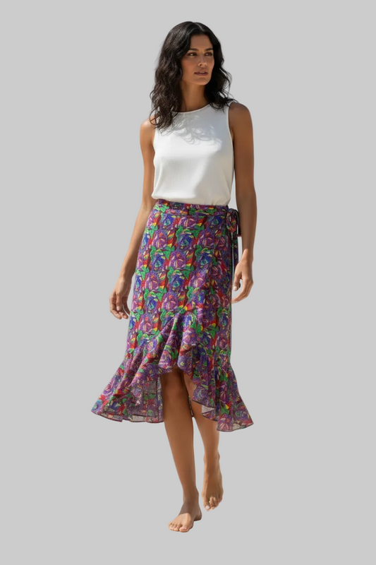 Flounce Skirt- Abstract Print Ruffle Wrap Midi Skirt