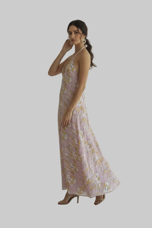 Halterneck backless dress - Lilac Graphic Print Ruffle Wrap dress