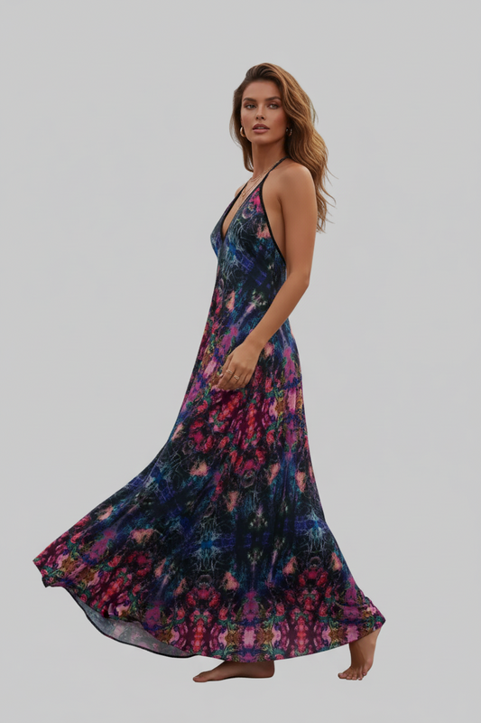 Midnight Kaleidoscope Halter Maxi Dress