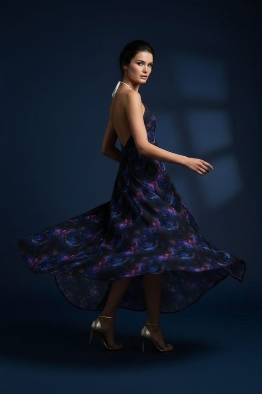 Midnight Bloom Asymmetrical Halter Gown-Halterneck backless dress