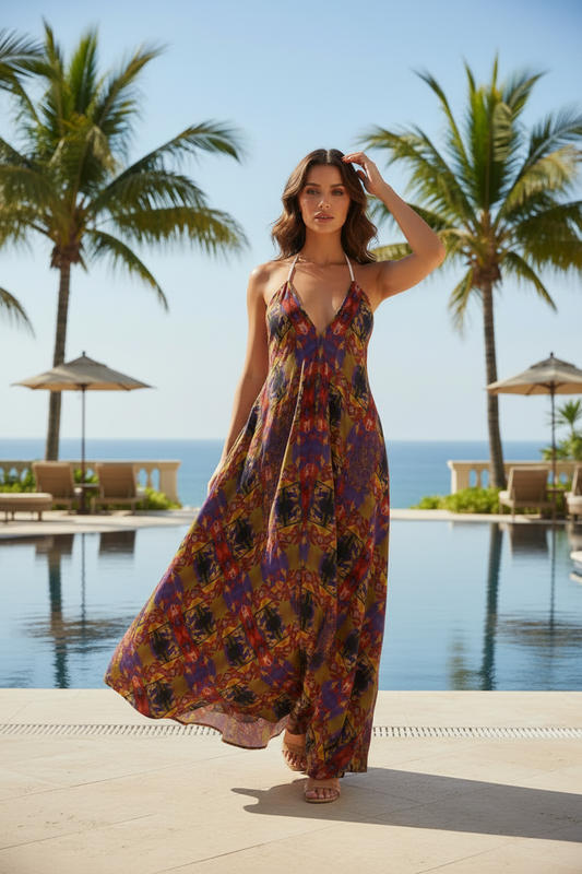 Geometric Print Halterneck Maxi Dress