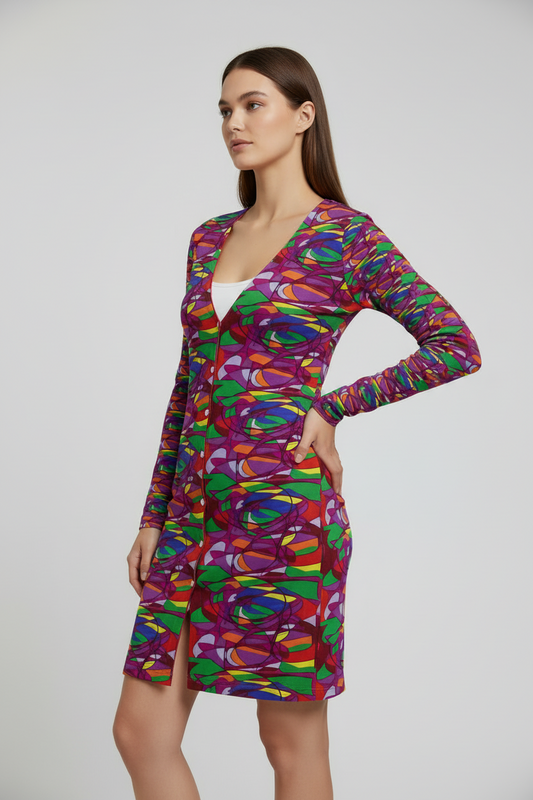 Kaleidoscope Abstract Long V-Neck Cardigan