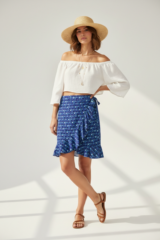 Flounce Skirt Blue Swirl Patterned Skirt