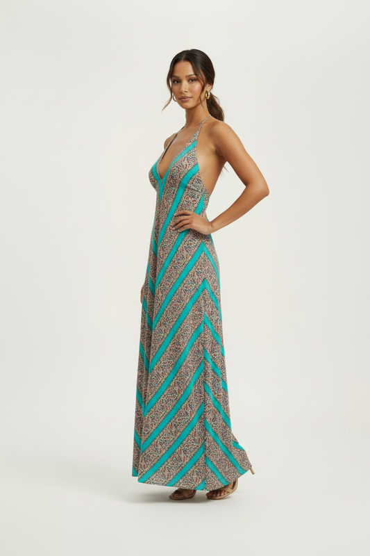 Turquoise Sunset Halter Maxi Dress