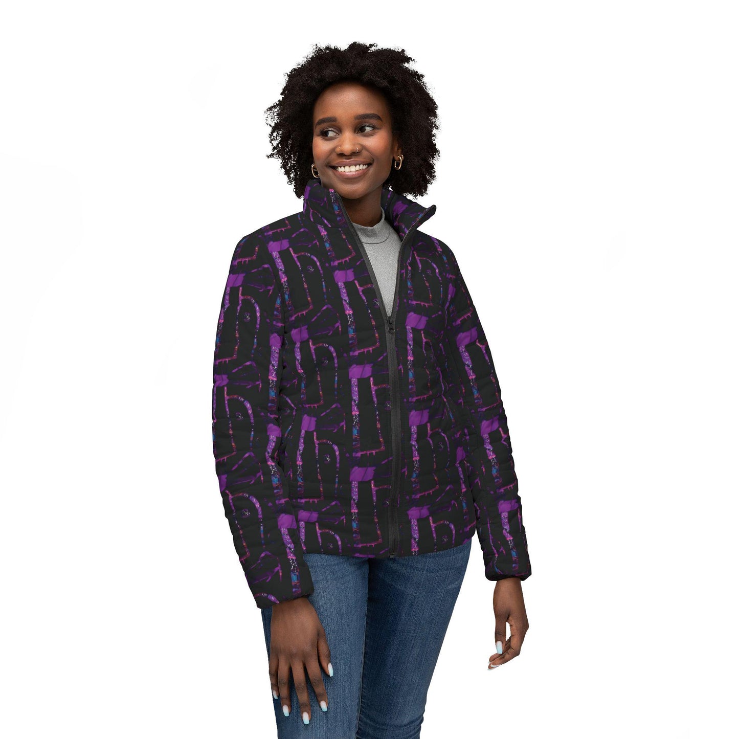 Abstract Print Womens Puffer Jacket: Stylish Polyester Outerwear
