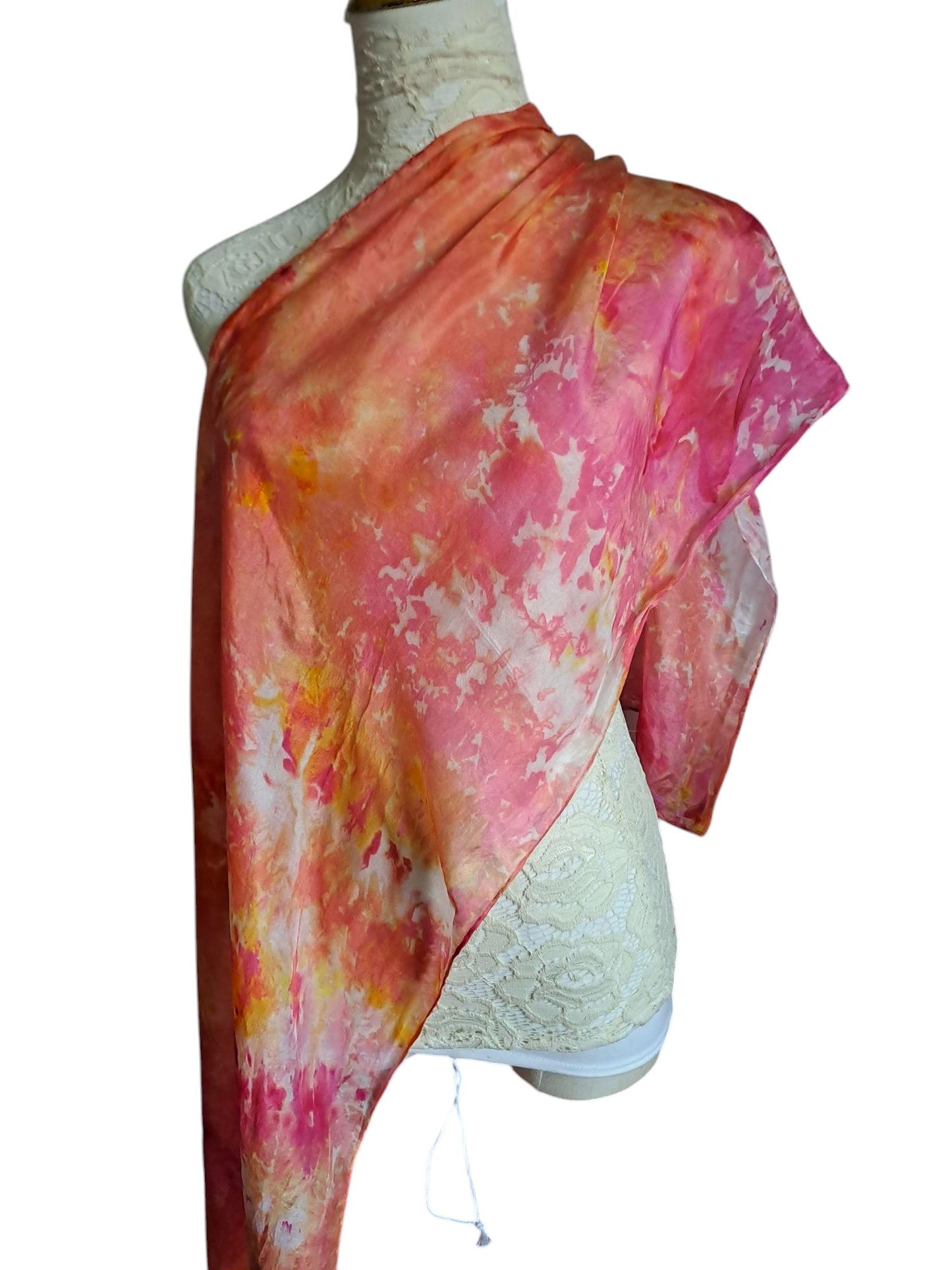Pink and Gold Silk Scarf: Ice Dyed Handmade Shawl