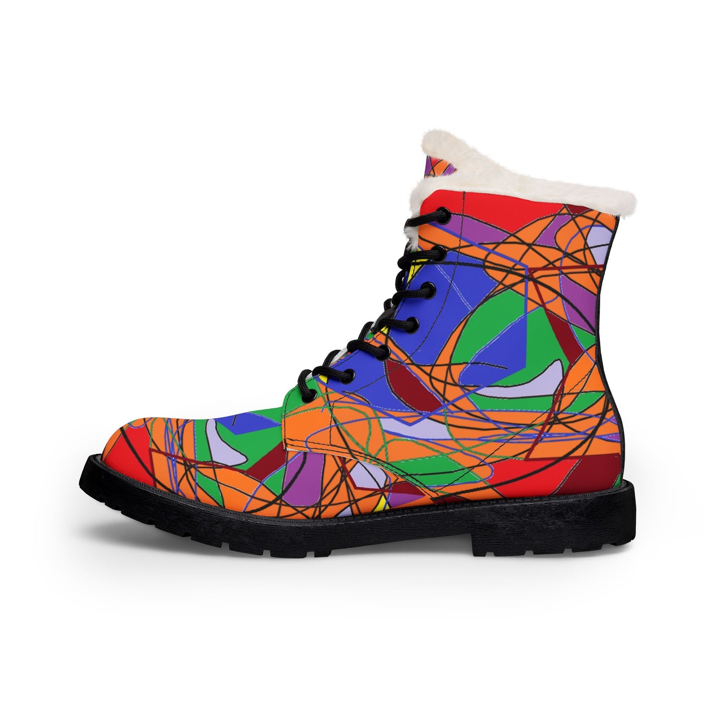 Colorful Abstract Fur-Lined Boots — Women's Leather Winter Boots