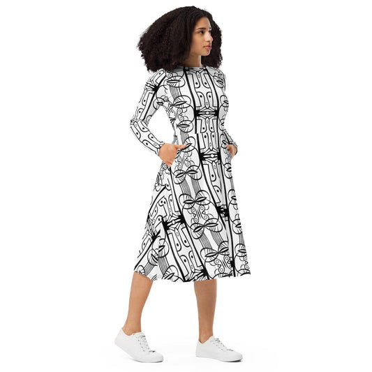 long sleeve midi dress abstract black and white print, casual dress