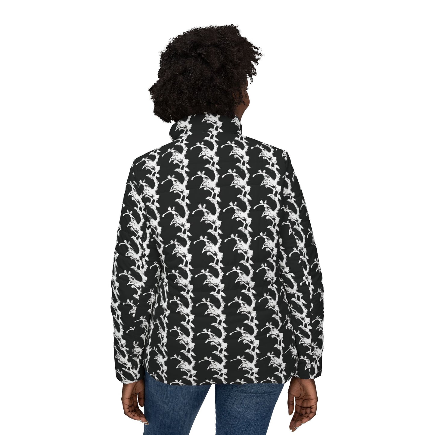 Black and White Lightning Stripe Puffer Jacket | All-Over Print