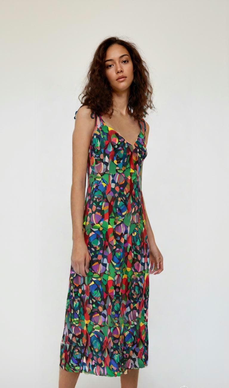 colourful midi dress Tie-strap Vibrant Abstract Print | Sleeveless Summer Slip Dress | Artistic Boho Chic Sundress while the midi length Color:Beach Sand HATCH Collection The Elodie boldmetrics:womens_alpha_dress