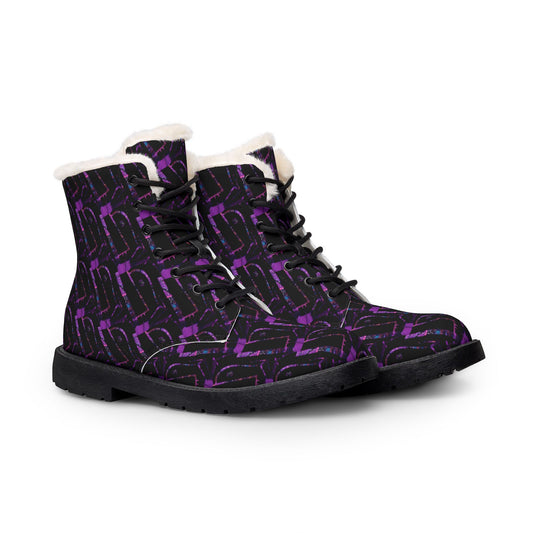 Purple Graffiti Fur-Lined Leather Boots — Women's Cozy Winter Combat Style