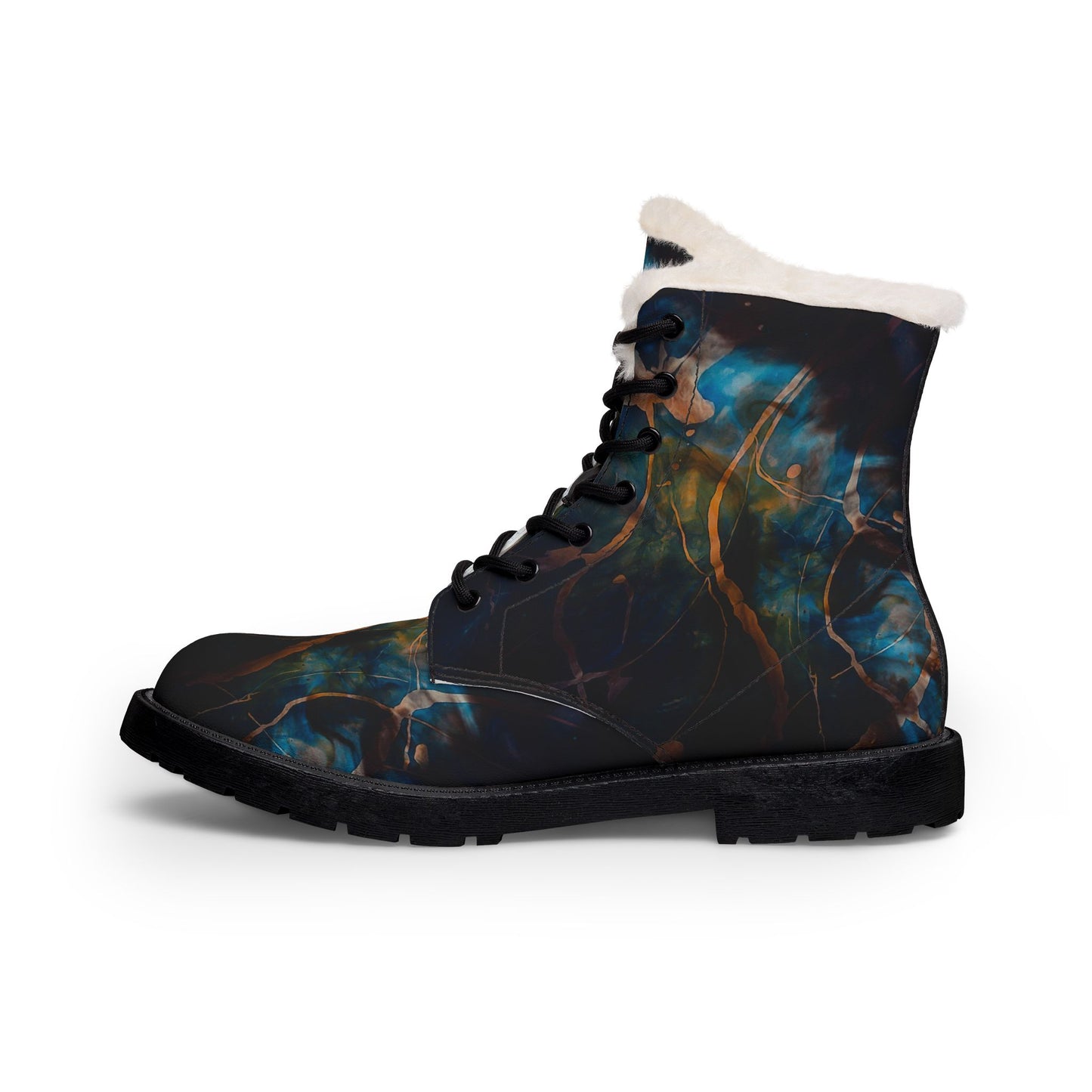 Women's Fur-Lined Leather Boots — Abstract Blue Floral Winter Combat Boots