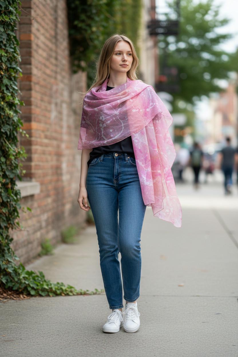 Handmade Pink & Gold Silk Scarf: Ice Dyed Batik