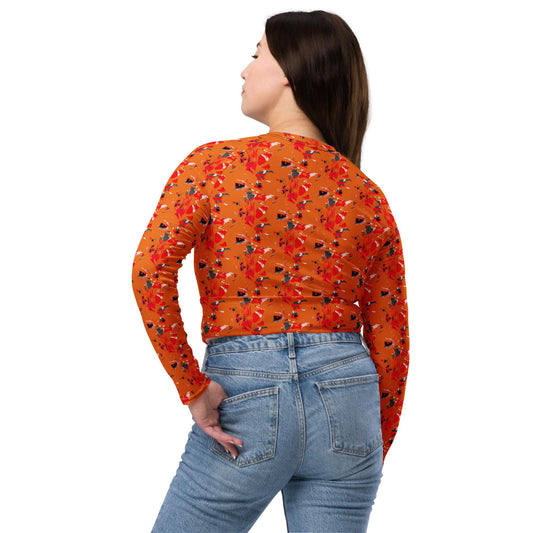 Recycled Orange Crop Top: Abstract Print, Long Sleeve