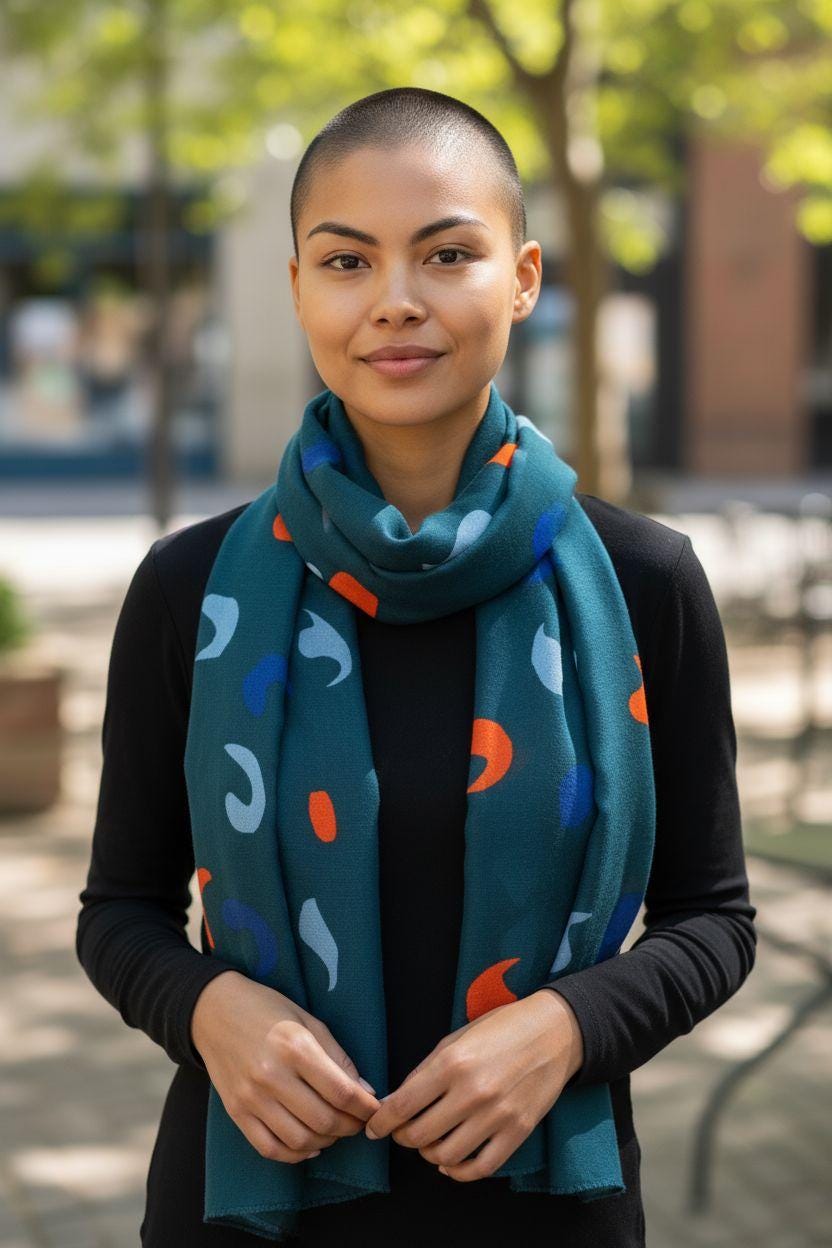 Teal Moon Phase Scarf – Soft Wool Blend Shawl with Abstract Crescent Pattern | Elegant Winter Wrap for Women | Cozy Gift Idea