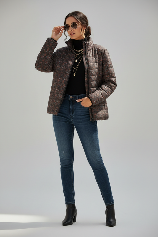 Women’s Puffer Jacket — All-Over Retro Abstract Print, Lightweight Winter Coat