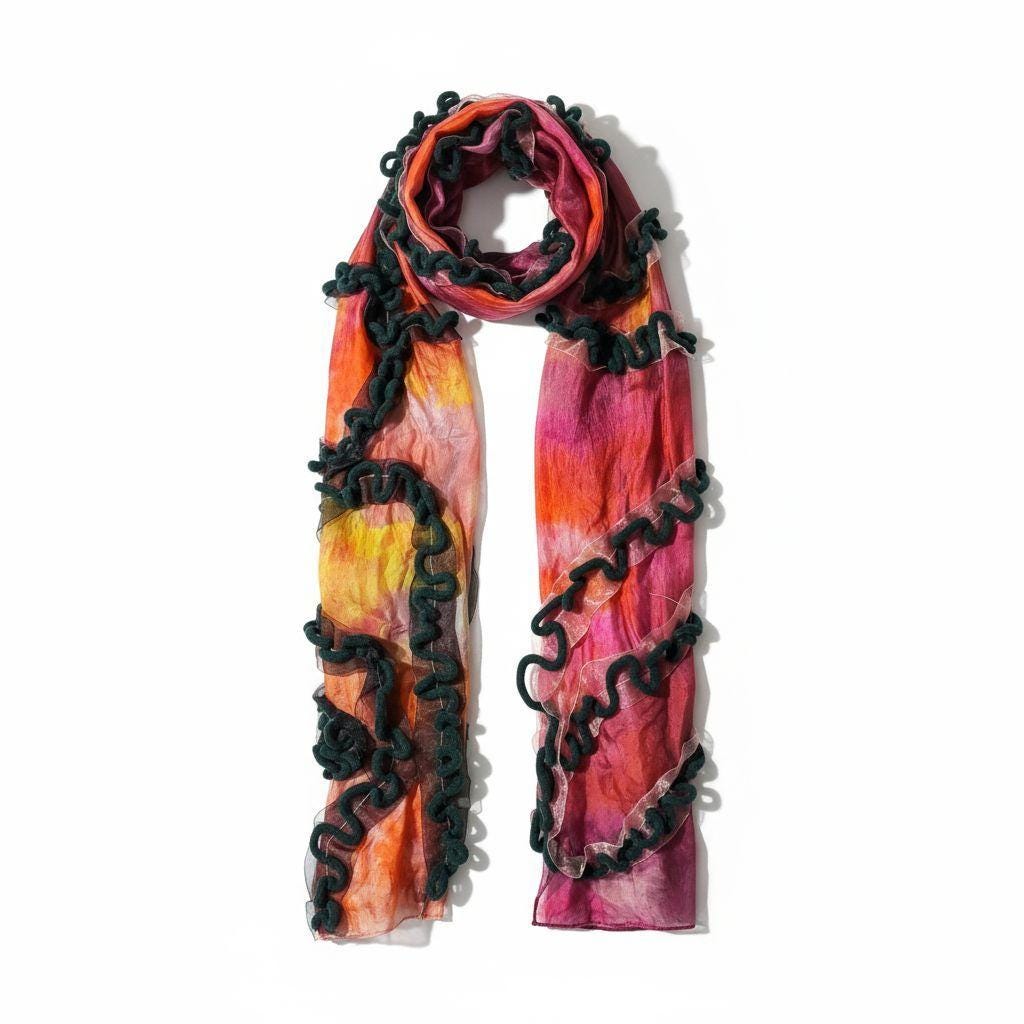 Handmade Hippy Silk Shawl: Orange & Green with Black Ribbons