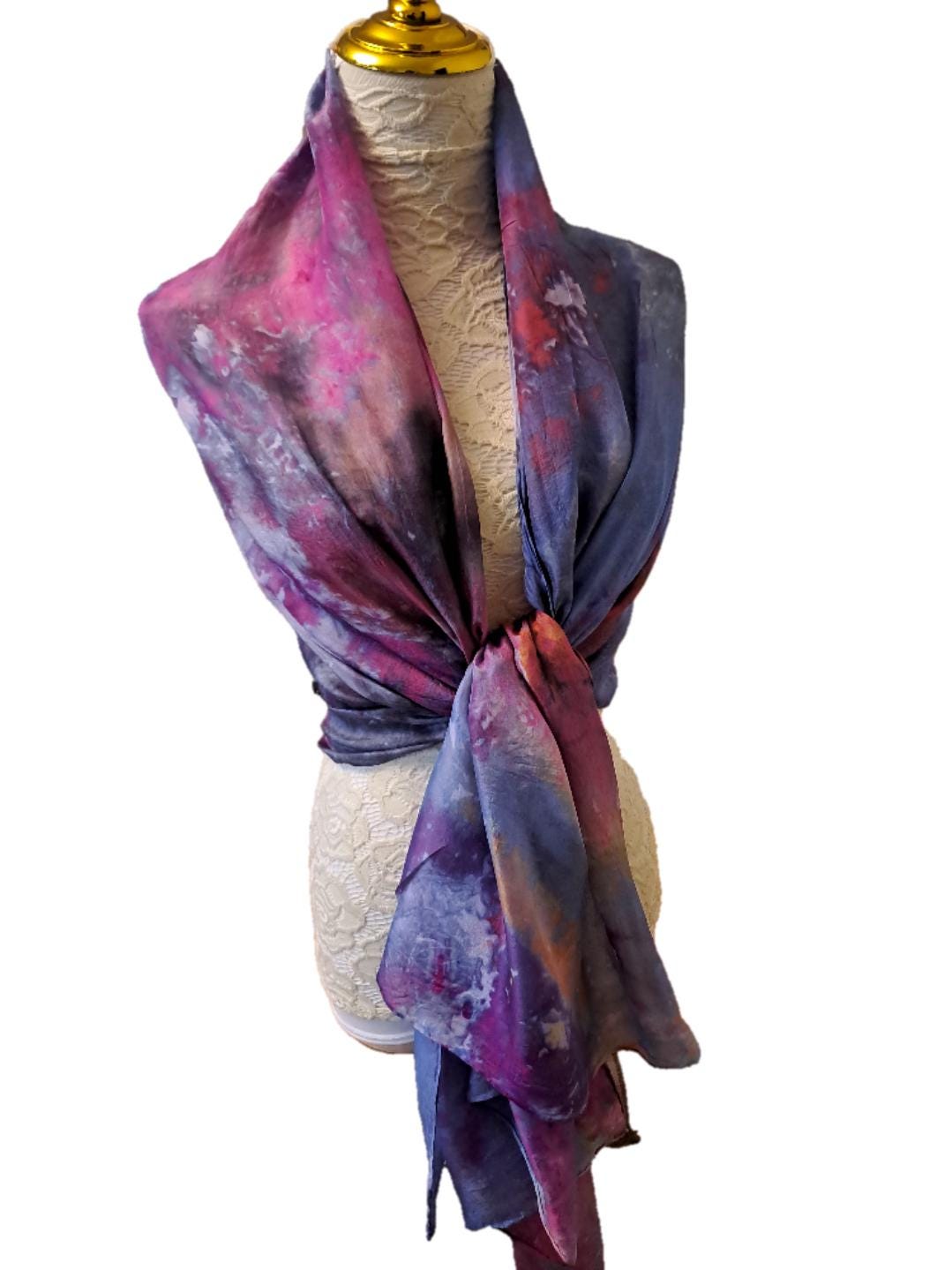 Ice Dyed Scarf: Vibrant Blue Purple Pink Lightweight Silk Scarf