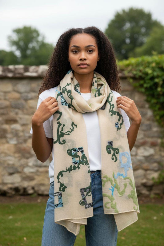 Boho Summer Shawl Wrap: Lightweight Beige Scarf with Puffy Swirls
