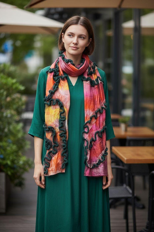 Handmade Hippy Silk Shawl: Orange & Green with Black Ribbons