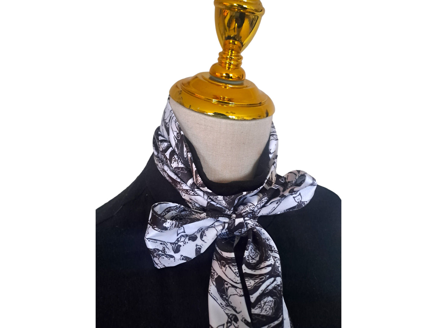 Silky Skinny Scarf: Abstract Blossom Print, Black and White Necktie