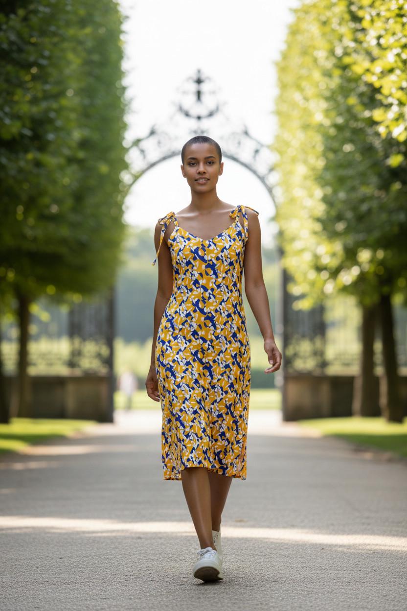 Tie-Strap Sunset Bloom Holiday Slip Midi Dress