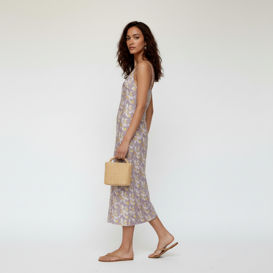 Lavender Floral Midi Slip Dress: Tie-Strap Chiffon Gown