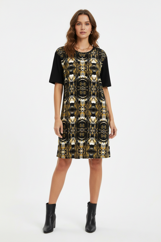 Black and Gold T-Shirt Dress: Oversized Short Sleeve Party Dress