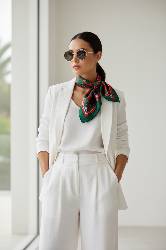 Green & Red Silk-Style Patterned Neck Scarf – Luxe Modern Accent