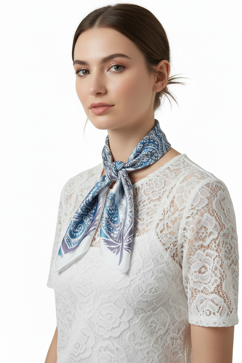Handmade Silk Neckerchief: Silver & White Peacock Feather Scarf