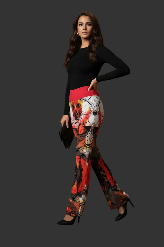 Red Abstract Floral Flare Leggings: High Waist Trousers