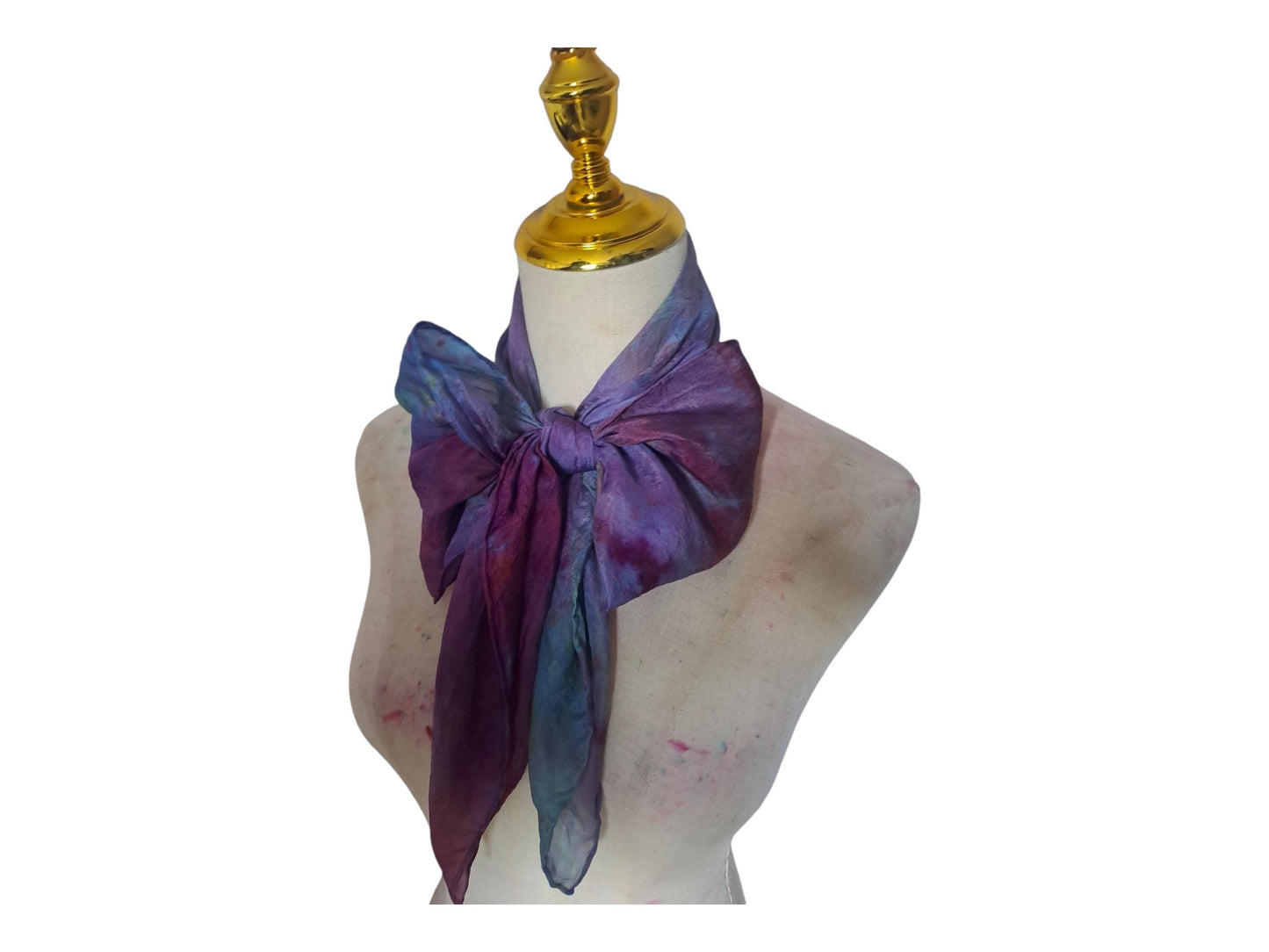 Hand-Dyed Silk Scarf with Brooch, Purple, Blue, Pink Watercolor