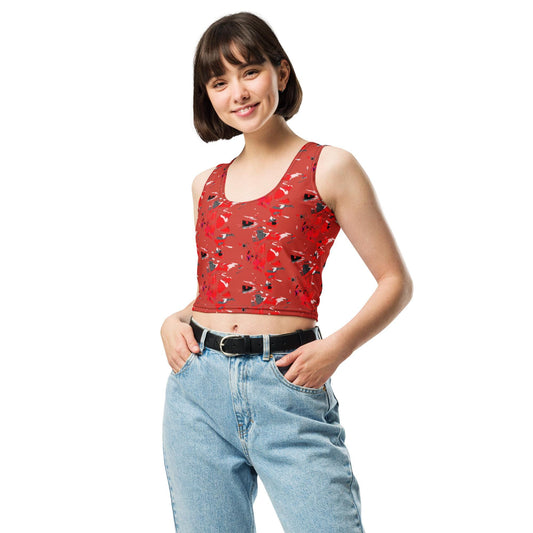 Abstract Print Crop Top: Red, Black, Modern Art Style