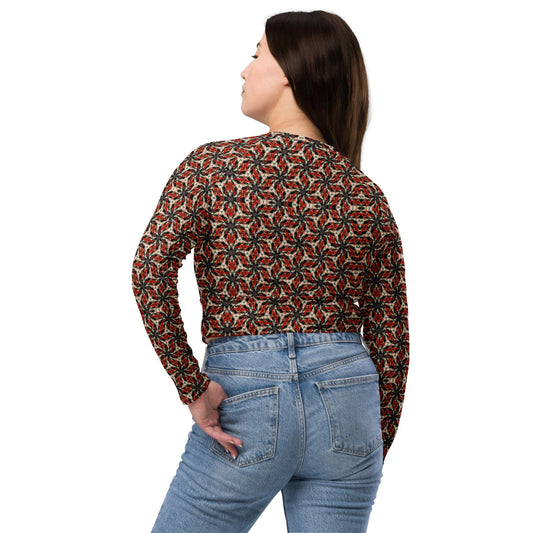 Recycled long-sleeve crop top, Vintage-Inspired Geometric Print Long Sleeve Top - Retro Style Women's Blouse