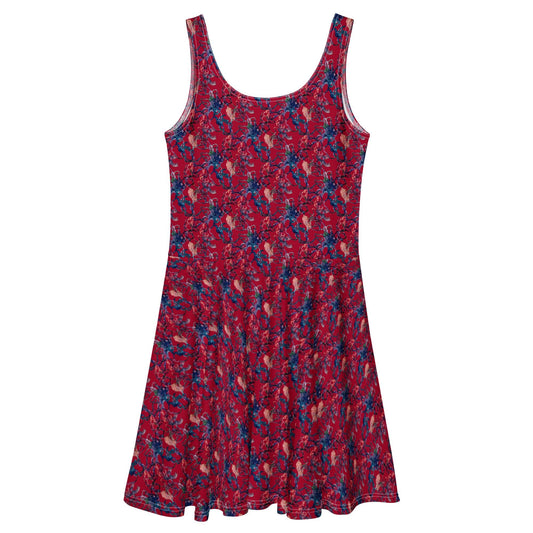 Red Floral Skater Dress: Chic Abstract Print, Elegant Party Outfit