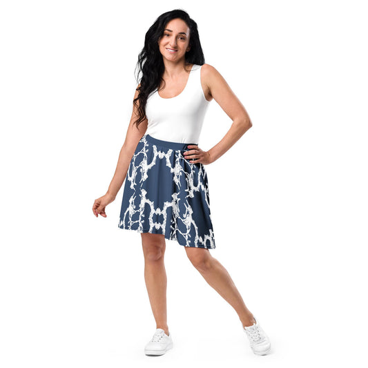 Navy Blue Skater Skirt: Abstract Print, Elastic Waist