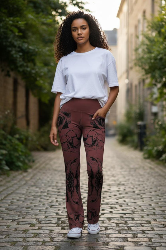 Flare Leggings: Dark Brown Floral High-Waisted Trousers, Casual Fitted Wide-Leg Pants for Hipster Style