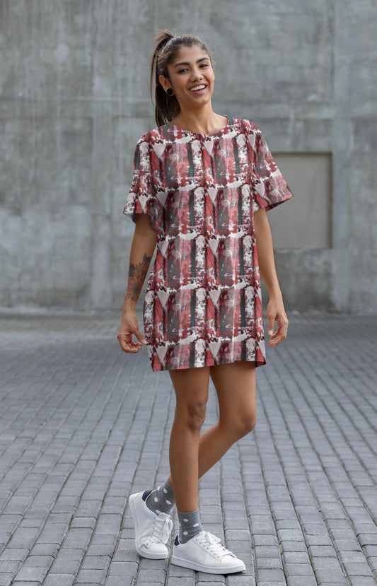 Abstract Red Black Striped T-Shirt Mini Dress: Oversized Drop Shoulder