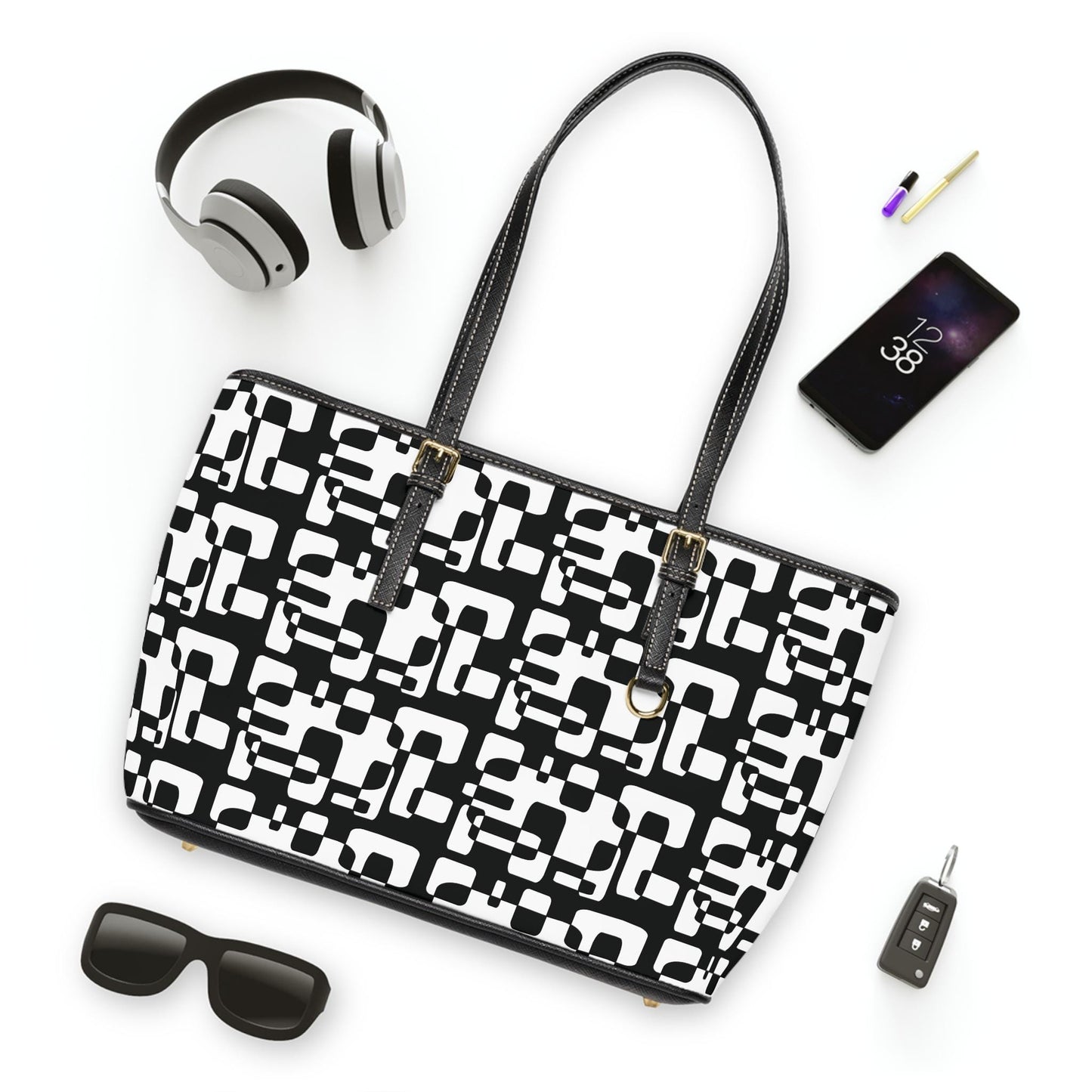 Chic Black & White PU Leather Tote Bag: Adjustable Handles